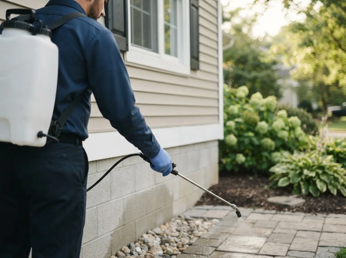 Pest control technician inspecting a home in Gomer, OH
